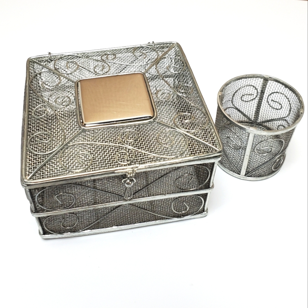 Curio box and round holder silver mesh mirror top 4.5 inch square 2.7 inch tall
